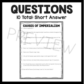 Causes of Imperialism Reading Comprehension Worksheet by Teaching to