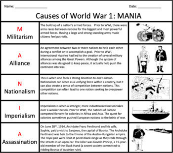 Causes of World War 1: Graphic Organizer (MANIA) by William Pulgarin