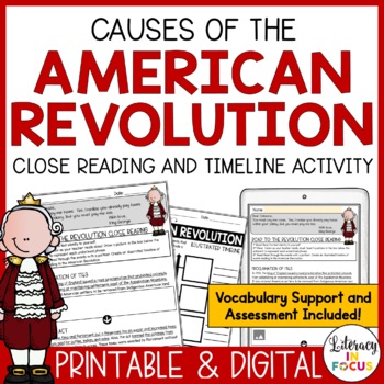Preview of Causes of the American Revolution Reading Passages | Timeline Activity | Quiz