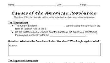 Preview of Causes of the American Revolution - Student Notes