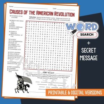 Preview of Causes of the American Revolution Word Search Puzzle Activity Vocabulary Sheet