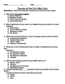 Preview of Causes of the Civil War Quiz FREEBIE