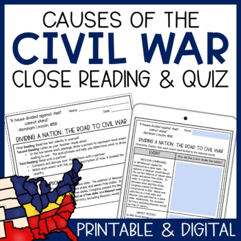 Preview of Causes of the Civil War Close Reading Activity | Printable & Digital