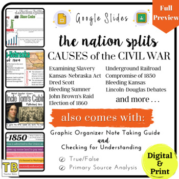 Preview of Causes of the Civil War Google Slides, Graphic Organizer & Worksheet