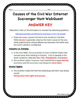 Causes of the Civil War Internet Scavenger Hunt WebQuest Activity