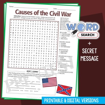 Preview of Causes of the Civil War Word Search Puzzle Activity Vocabulary Worksheet