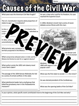 Preview of Causes of the American Civil War Worksheet