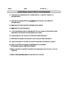 Preview of Causes of the U.S. Great Depression - student lecture handout