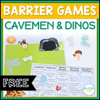 Preview of FREE Cavemen & Dinos Barrier Game Speech Therapy - Speaking and Listening Skills
