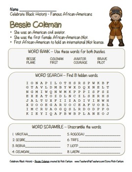 Preview of Celebrate Black History Month – Bessie Coleman - Word Search, Scramble, & Maze!