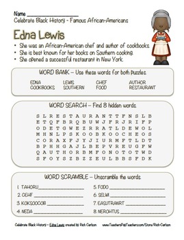 Preview of Celebrate Black History Month – Edna Lewis - Word Search, Scramble, and Maze!