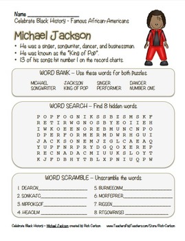 Preview of Celebrate Black History Month – Michael Jackson - Word Search, Scramble, & Maze!