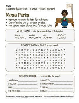 Preview of Celebrate Black History Month – Rosa Parks - Word Search, Scramble, and Maze!