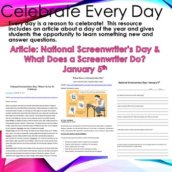 Preview of Celebrate Every Day! January 5th--National Screenwriter's Day--Sub Plans/No Prep