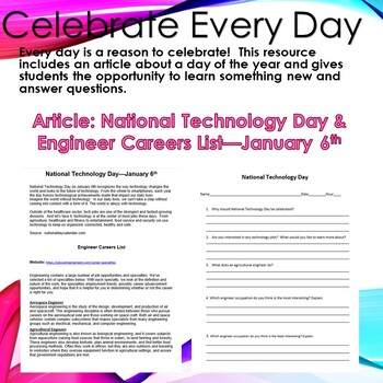 Preview of Celebrate Every Day! January 6th--National Technology Day--Sub Plans/No Prep