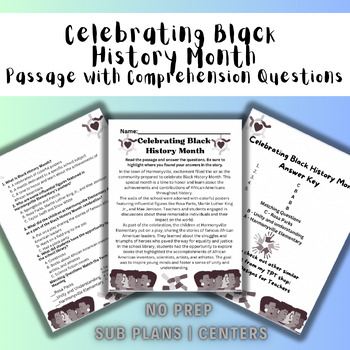 Preview of Celebrating Black History Month Passage / Comprehension Questions | Sub Plan |