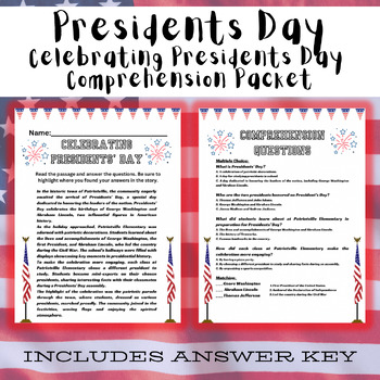 Preview of Celebrating Presidents Day Passage / Comprehension Questions | Sub Plan |