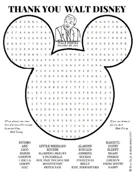 thank you walt disney wordsearch puzzle worksheet by