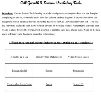 Preview of Cell Cycle/Mitosis and DNA Vocabulary Tic Tac Toe Choice Menu Hyperdoc