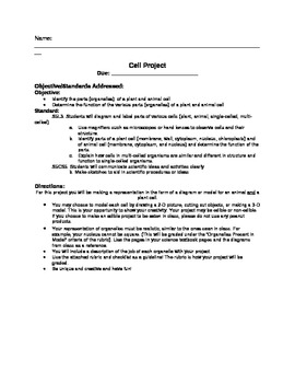 Preview of Cell Project Directions, Checklist, and Rubric