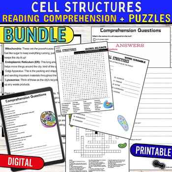 Preview of Cell Structures Worksheets Reading Comprehension Puzzles,Digital & Print BUNDLE