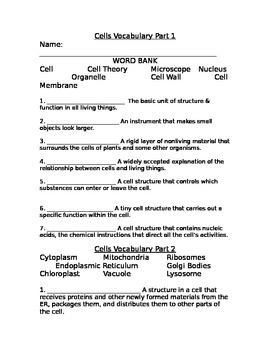 Cell Vocabulary Fill In The Blank & Extension Worksheet Freebie | TpT