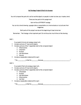 Preview of Cell analogy project criteria for sucess