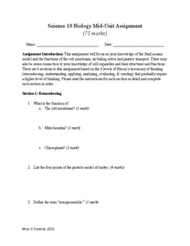 Preview of Cells Assignment - Bloom's Taxonomy