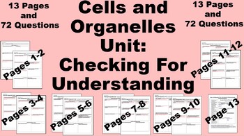 Preview of Cells and Organelles Unit:  Checking For Understanding- 72 Questions and Answers