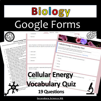Preview of Cellular Energy |Vocabulary Quiz| Google Form |Biology
