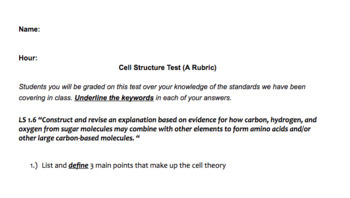 Preview of Cellular Structure And Function Unit Standard Based  "A" Test