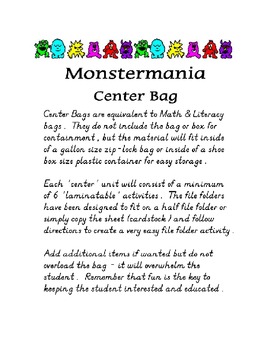 Preview of Center Bag Printables - Math and Literacy Combined - Monstermania - Cute Theme