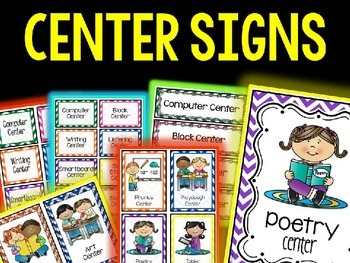 Preview of Center Signs for Kindergarten Chevron Theme Editable