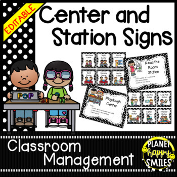 Preview of Center Signs and Station Signs (EDITABLE) - Black/White Polka Dots