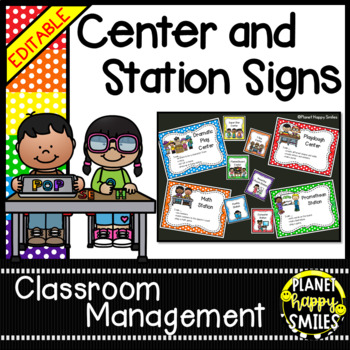 Preview of Center Signs and Station Signs (EDITABLE) - Multi Color Polka Dot Theme