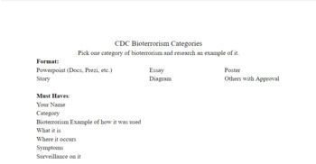 Preview of Center for Disease Control Bioterrorism Categories Project and Rubric