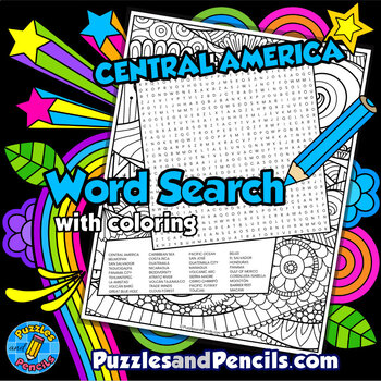 Preview of Central America Word Search Puzzle Activity Page with Coloring
