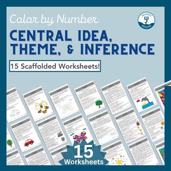 Preview of Central Idea, Theme, and Inference Mastery Color by Number Worksheets
