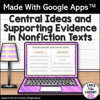 Preview of Central Ideas and Supporting Evidence Types Nonfiction GRADES 6-8 Google Apps