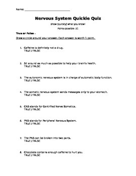 Preview of Central Nervous System and Caffeine Quiz