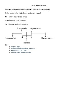 Preview of Central Tendencies Notes-mean, median, mode, box and whisker, MAD