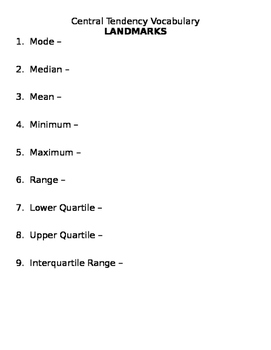 Preview of Central Tendency vocabulary printable mean median mode range quartiles