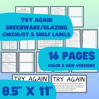 Preview of Ceramics - Greenware/Glazing "Try Again" Checklist - Handouts & Shelf Labels