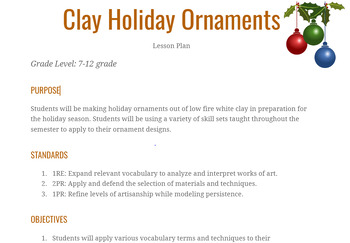 Preview of Ceramics: Holiday Ornaments Clay Project - Lesson Plan Packet