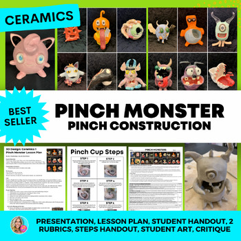 Preview of Ceramics Pinch Monster, Lesson, PP, Handouts, Rubrics, Reflection (Middle & HS)