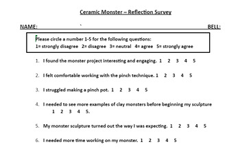 Preview of Ceramics: Pinch Pot Monster Project Post Student Survey - Handout