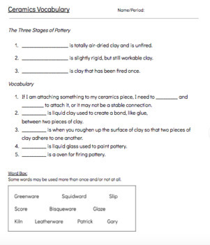 Ceramics Vocabulary Worksheet by The heART of Education | TpT
