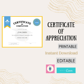Preview of Certificate of Appreciation, Editable, Customizable, Certificate of Completition