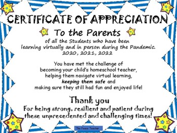 Certificate of Appreciation/End of the Year Award/Parent Award/Teacher