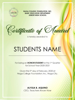 Preview of Certificate of Award (Green)